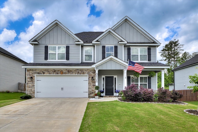 craftsman inspired home featuring board and batten siding, an attached garage, concrete driveway, a shingled roof, and stone siding