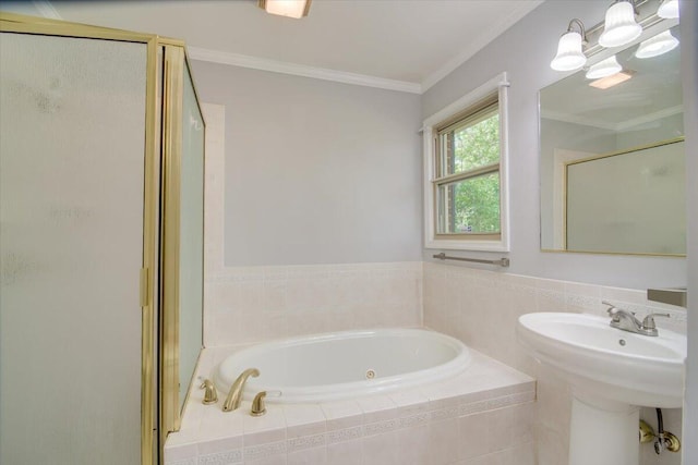427 Ashland Dr, Augusta, GA 30909 - full bathroom featuring a shower stall, a whirlpool tub, and crown molding