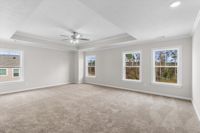 spare room with visible vents, light carpet, and a tray ceiling