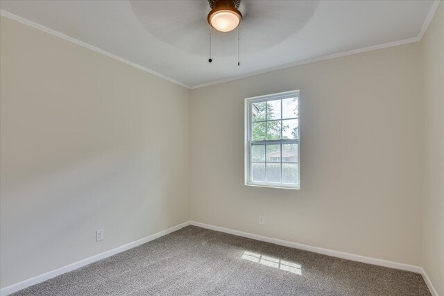 unfurnished room with carpet floors, baseboards, ornamental molding, and a ceiling fan