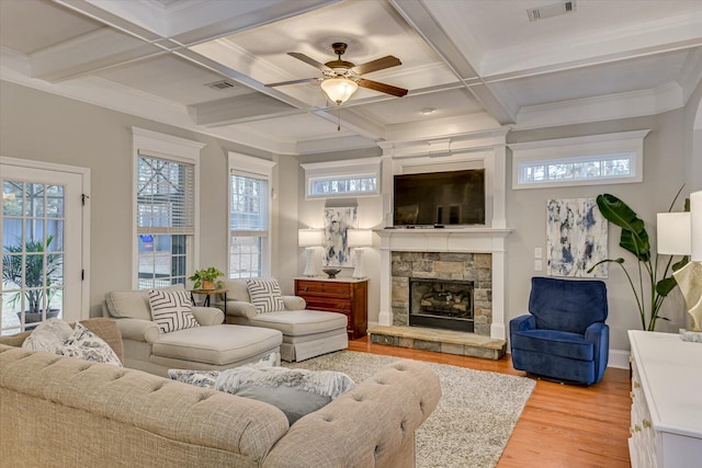 living room with coffered ceiling, ceiling fan, beam ceiling, hardwood / wood-style flooring, and a fireplace