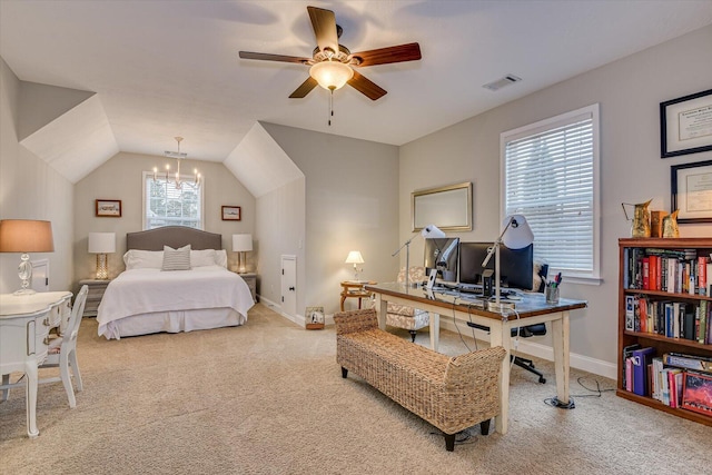 carpeted bedroom with ceiling fan with notable chandelier, lofted ceiling, and multiple windows