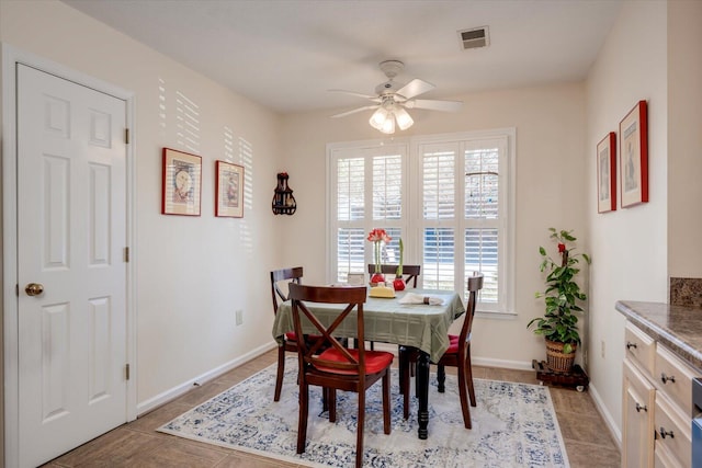 dining space featuring ceiling fan, light tile patterned floors, and a wealth of natural light