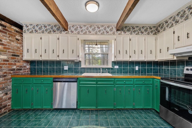 2216 Silverdale Rd, Augusta, GA 30906 - kitchen featuring appliances with stainless steel finishes, under cabinet range hood, beamed ceiling, a sink, and white cabinetry