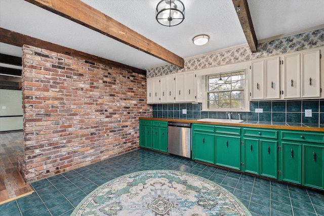 2216 Silverdale Rd, Augusta, GA 30906 - kitchen featuring dishwasher, white cabinetry, beamed ceiling, tile countertops, and a sink