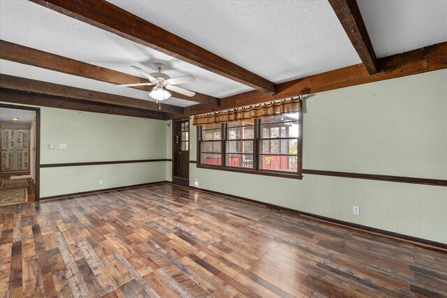 2216 Silverdale Rd, Augusta, GA 30906 - spare room featuring wood-type flooring, beamed ceiling, ceiling fan, a textured ceiling, and wainscoting