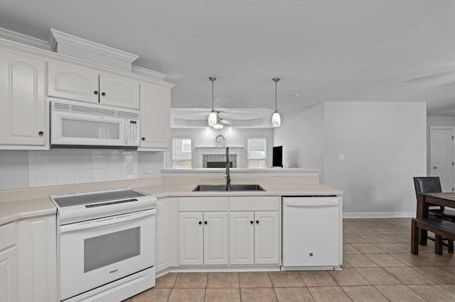 1382 Shadow Oak Dr, Evans, GA 30809 - kitchen with white appliances, ceiling fan, pendant lighting, and light tile patterned flooring