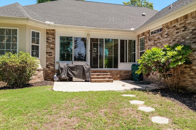 1382 Shadow Oak Dr, Evans, GA 30809 - rear view of property featuring entry steps, a yard, roof with shingles, and brick siding