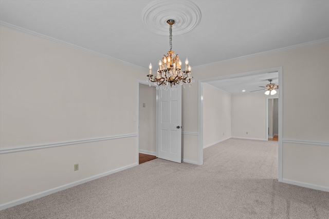3076 Westwood Rd, Augusta, GA 30909 - unfurnished room featuring a chandelier, carpet floors, ornamental molding, and ceiling fan
