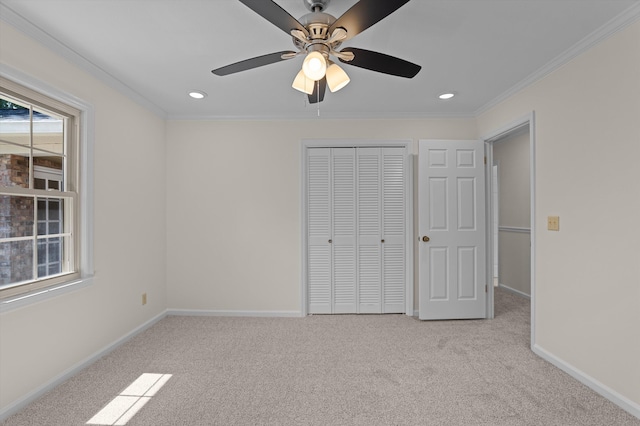 3076 Westwood Rd, Augusta, GA 30909 - unfurnished bedroom featuring carpet flooring, a closet, recessed lighting, ornamental molding, and a ceiling fan