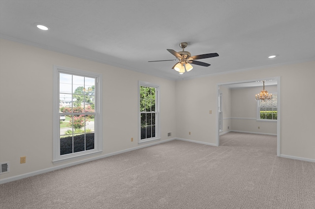 3076 Westwood Rd, Augusta, GA 30909 - spare room featuring a chandelier, ornamental molding, healthy amount of natural light, light colored carpet, and ceiling fan