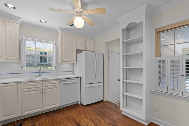 3076 Westwood Rd, Augusta, GA 30909 - kitchen featuring open shelves, dark wood-type flooring, white appliances, light countertops, and white cabinetry