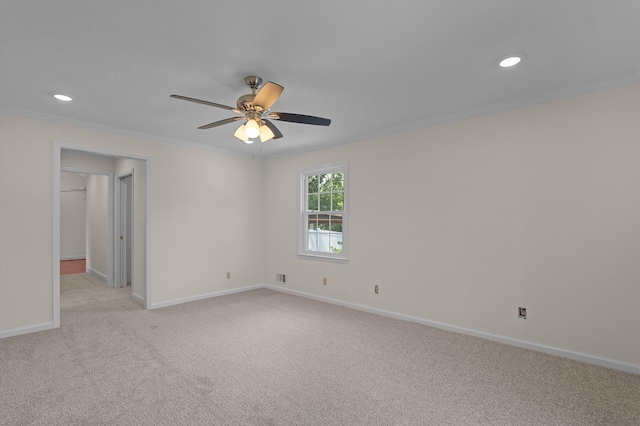 3076 Westwood Rd, Augusta, GA 30909 - empty room featuring ornamental molding, light colored carpet, a ceiling fan, and recessed lighting