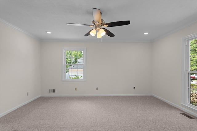 3076 Westwood Rd, Augusta, GA 30909 - empty room featuring carpet floors, recessed lighting, ornamental molding, and ceiling fan