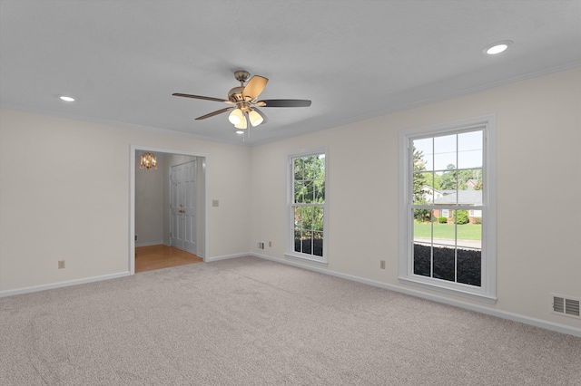 3076 Westwood Rd, Augusta, GA 30909 - empty room featuring light carpet, ornamental molding, ceiling fan, and recessed lighting