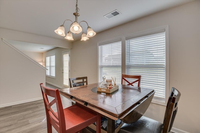 dining area featuring hardwood / wood-style floors, plenty of natural light, and a chandelier