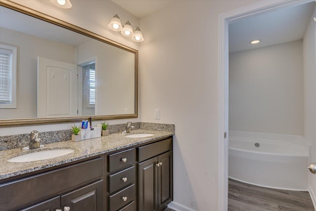 bathroom featuring wood-type flooring, vanity, and a bathing tub