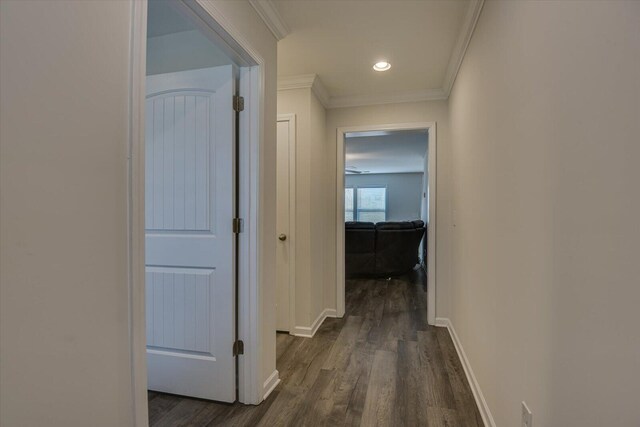 corridor with dark hardwood / wood-style flooring and ornamental molding