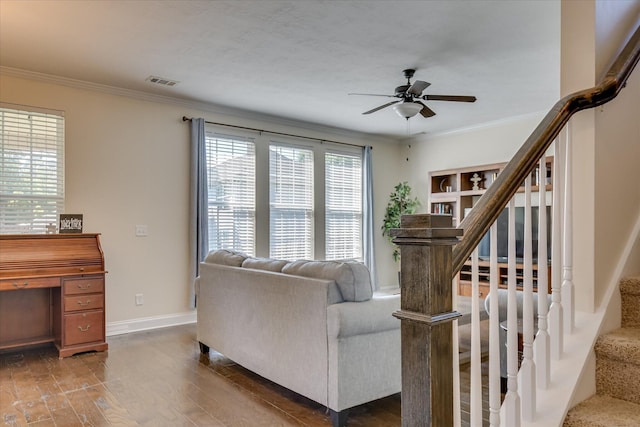 867 Williford Run Dr, Grovetown, GA 30813 - living area with a ceiling fan, crown molding, stairway, baseboards, and wood finished floors