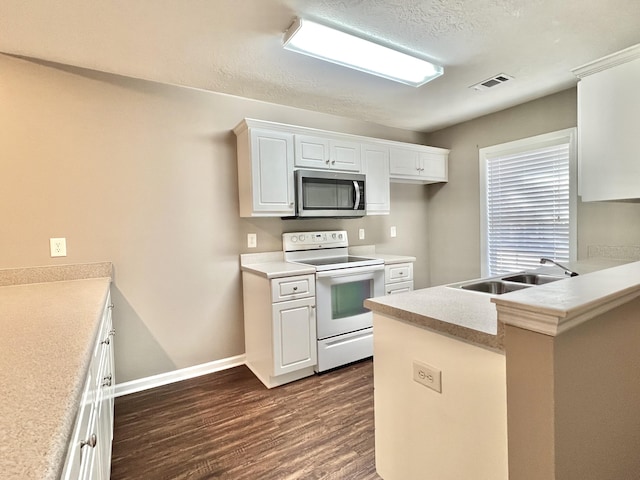 kitchen with kitchen peninsula, white cabinetry, white electric range, and sink