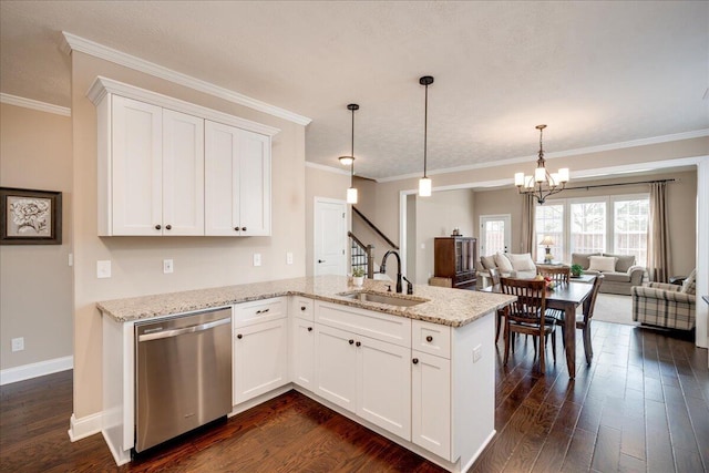 kitchen featuring stainless steel dishwasher, dark wood-type flooring, a sink, light stone countertops, and a peninsula