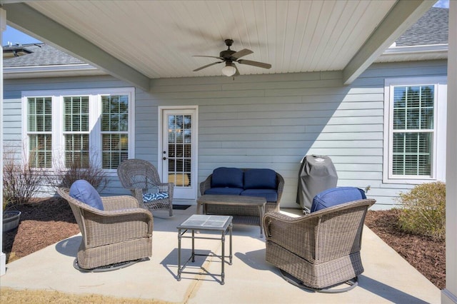 view of patio featuring a ceiling fan and an outdoor hangout area