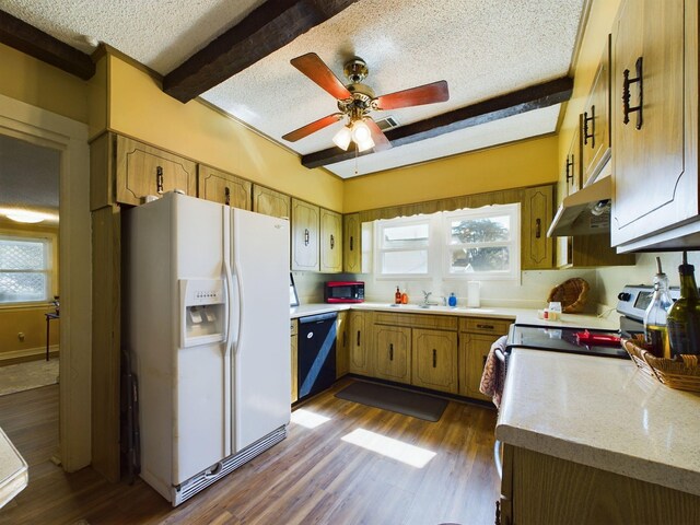102 Ellis St, Wrens, GA 30833 - kitchen featuring dark hardwood / wood-style floors, black dishwasher, white fridge with ice dispenser, a textured ceiling, and beamed ceiling