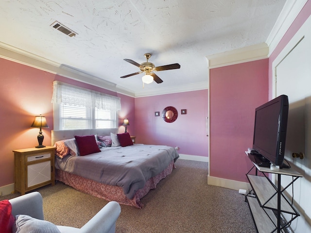 102 Ellis St, Wrens, GA 30833 - bedroom featuring ceiling fan, ornamental molding, carpet floors, and a textured ceiling