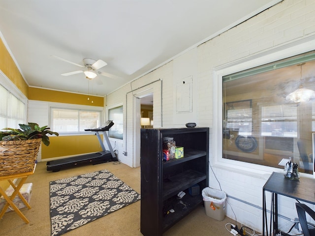 102 Ellis St, Wrens, GA 30833 - exercise area featuring brick wall, light colored carpet, and ceiling fan