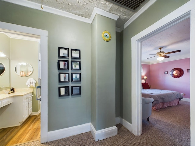 102 Ellis St, Wrens, GA 30833 - corridor with ornamental molding, sink, light colored carpet, and a textured ceiling