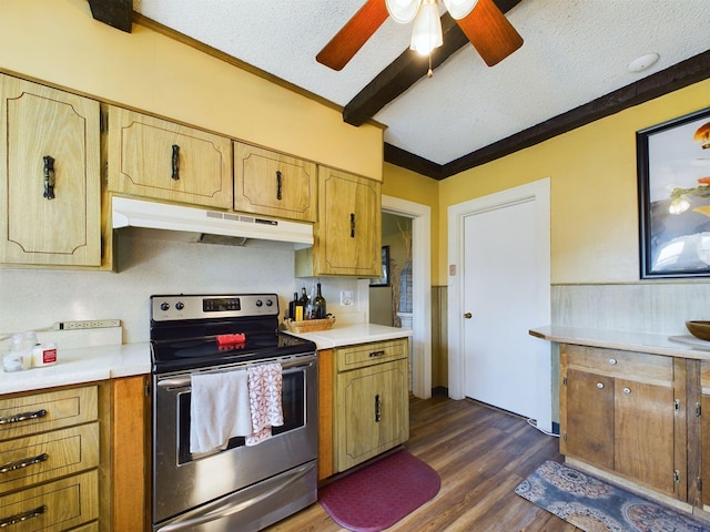 102 Ellis St, Wrens, GA 30833 - kitchen with a textured ceiling, ornamental molding, dark hardwood / wood-style floors, ceiling fan, and stainless steel electric stove