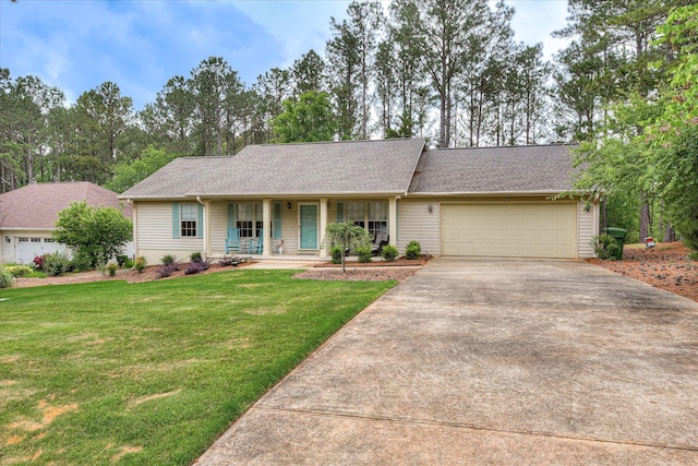 212 Links Pl, Mccormick, SC 29835 - ranch-style home featuring covered porch, concrete driveway, a garage, a front yard, and roof with shingles
