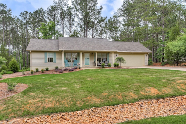 212 Links Pl, Mccormick, SC 29835 - ranch-style home with a porch, concrete driveway, a garage, a front yard, and a shingled roof
