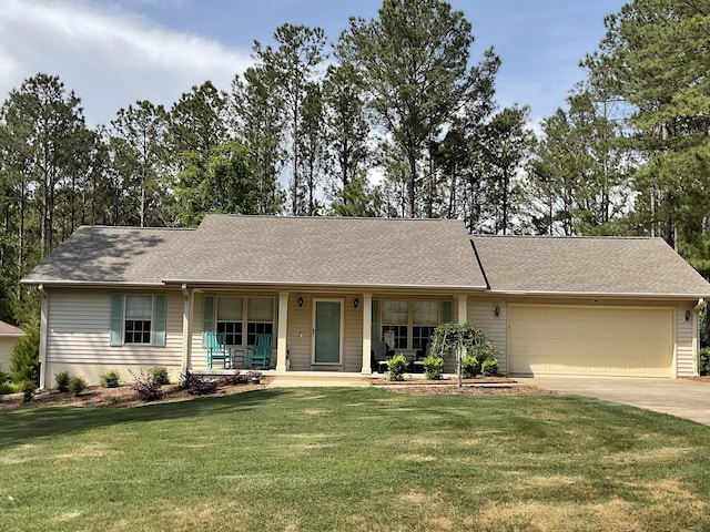 212 Links Pl, Mccormick, SC 29835 - ranch-style home with driveway, an attached garage, a porch, a front lawn, and a shingled roof