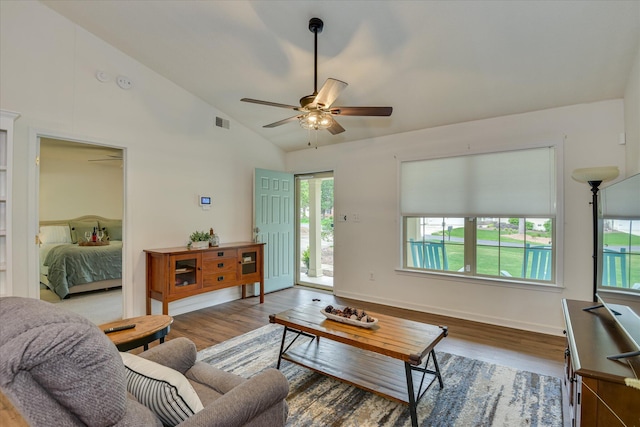 212 Links Pl, Mccormick, SC 29835 - living area with wood finished floors, a ceiling fan, baseboards, and high vaulted ceiling