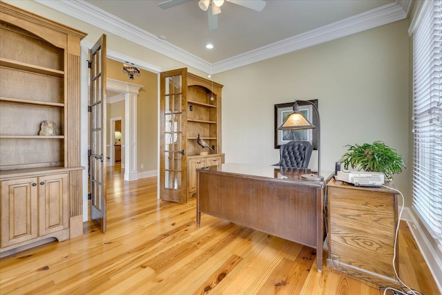 office space with light hardwood / wood-style floors, ceiling fan, crown molding, and french doors