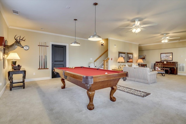 recreation room with ceiling fan, light colored carpet, billiards, and crown molding