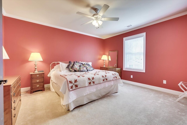 bedroom featuring light carpet, ceiling fan, and ornamental molding