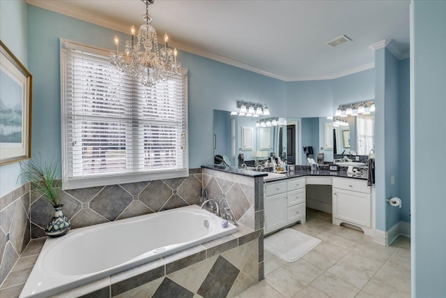 bathroom featuring a healthy amount of sunlight, vanity, ornamental molding, and tile patterned flooring