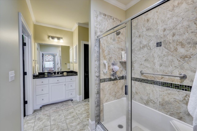 bathroom with vanity, crown molding, and an enclosed shower