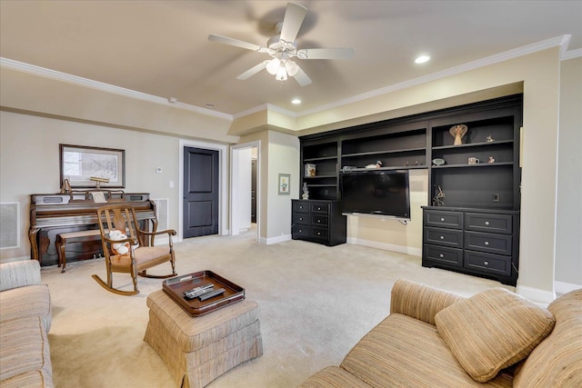 carpeted living room featuring ceiling fan, ornamental molding, and built in features