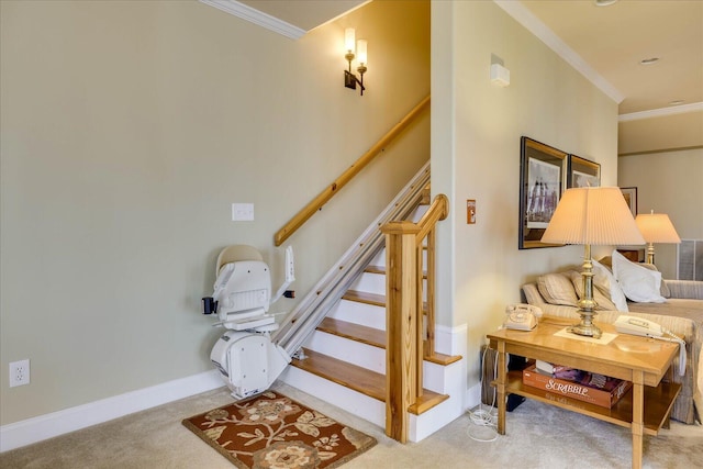 stairs with carpet flooring and crown molding