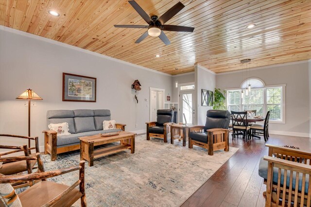 living room with dark hardwood / wood-style flooring, wooden ceiling, ceiling fan, and ornamental molding