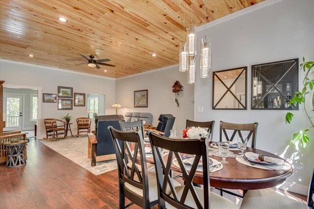 dining room with crown molding, ceiling fan, wood ceiling, and hardwood / wood-style flooring