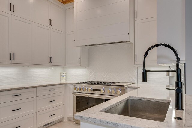 kitchen featuring tasteful backsplash, white cabinetry, sink, and light stone countertops