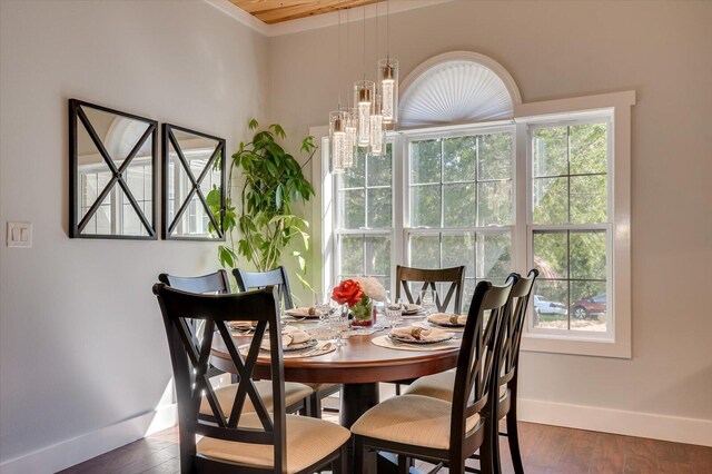 dining space featuring dark hardwood / wood-style flooring and a notable chandelier