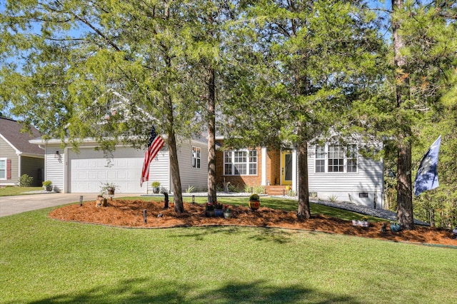 view of property hidden behind natural elements with a front yard and a garage