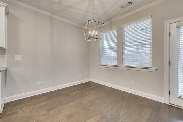 unfurnished dining area with ornamental molding, a notable chandelier, and dark hardwood / wood-style flooring