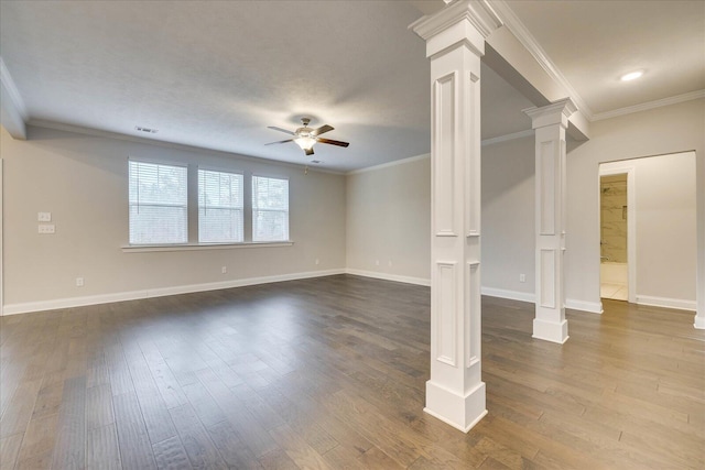 unfurnished living room featuring crown molding, ceiling fan, hardwood / wood-style flooring, and ornate columns