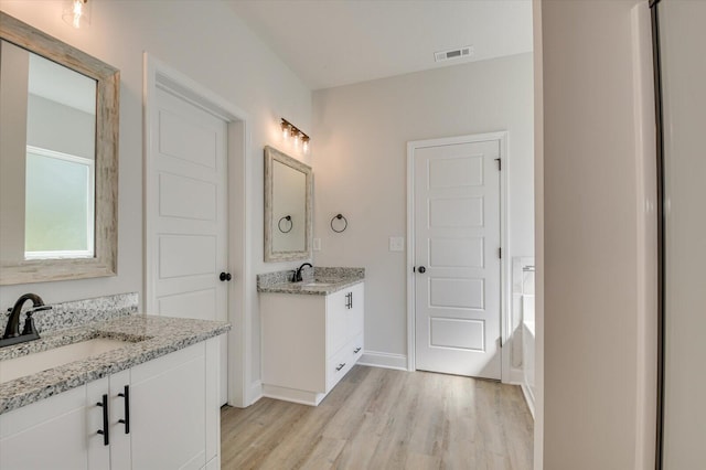 bathroom with hardwood / wood-style floors and vanity